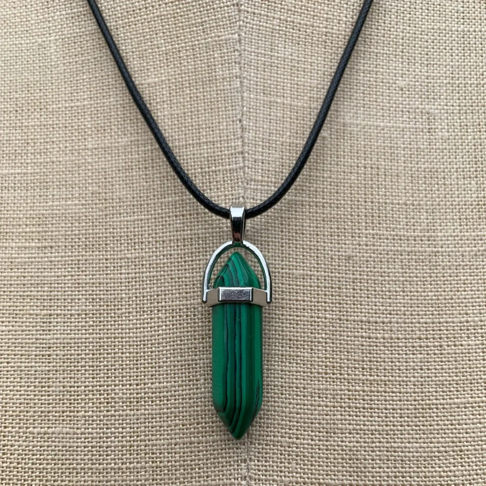 Handmade Malachite Stone Dagger Amulet Necklace - Picture 4 of 11